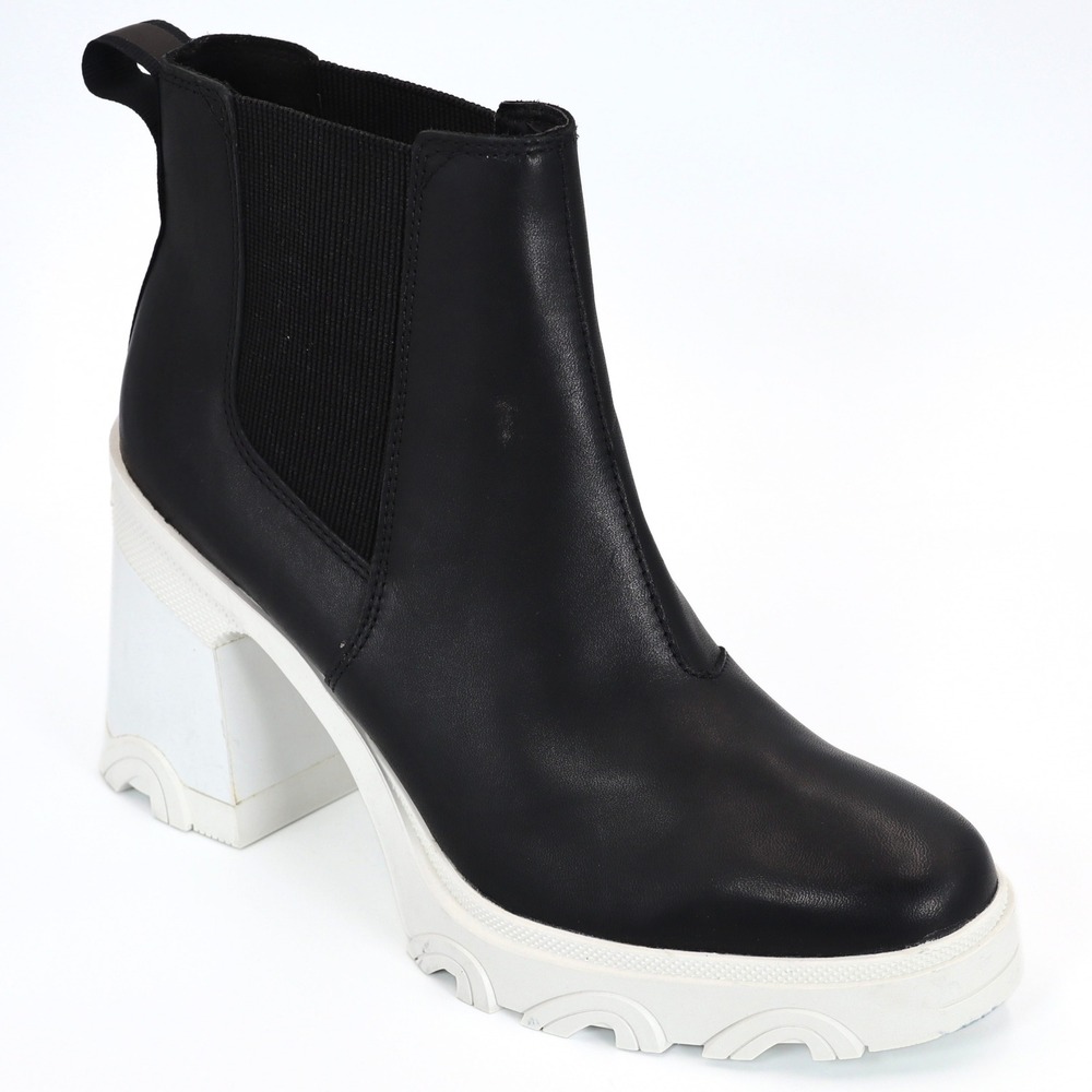 Sorel Brex Boot Chelsea Womens 11 Black White Leather Block Heel Waterproof